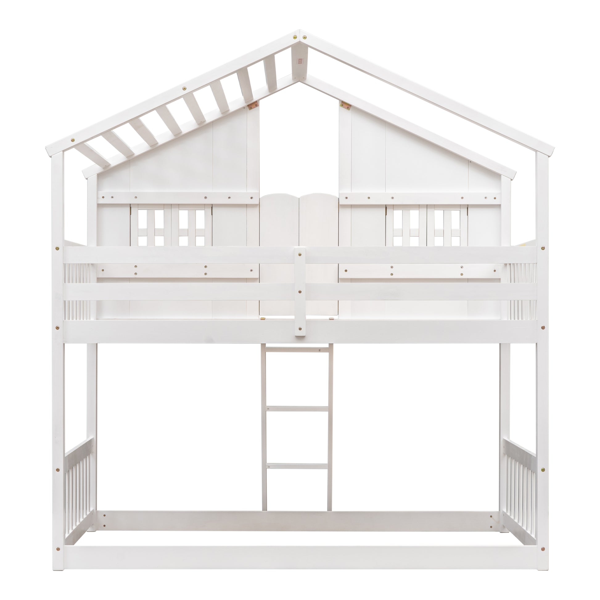 Twin over Twin House Bunk Bed with Roof, Window, Window Box, Door, with Safety Guardrails and Ladder,White image 3