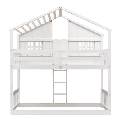 Twin over Twin House Bunk Bed with Roof, Window, Window Box, Door, with Safety Guardrails and Ladder,White image 3