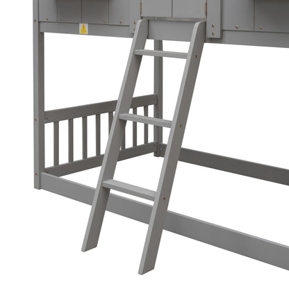 Twin over Twin House Bunk Bed with Roof, Window, Window Box, Door, with Safety Guardrails and Ladder, Grey image 10