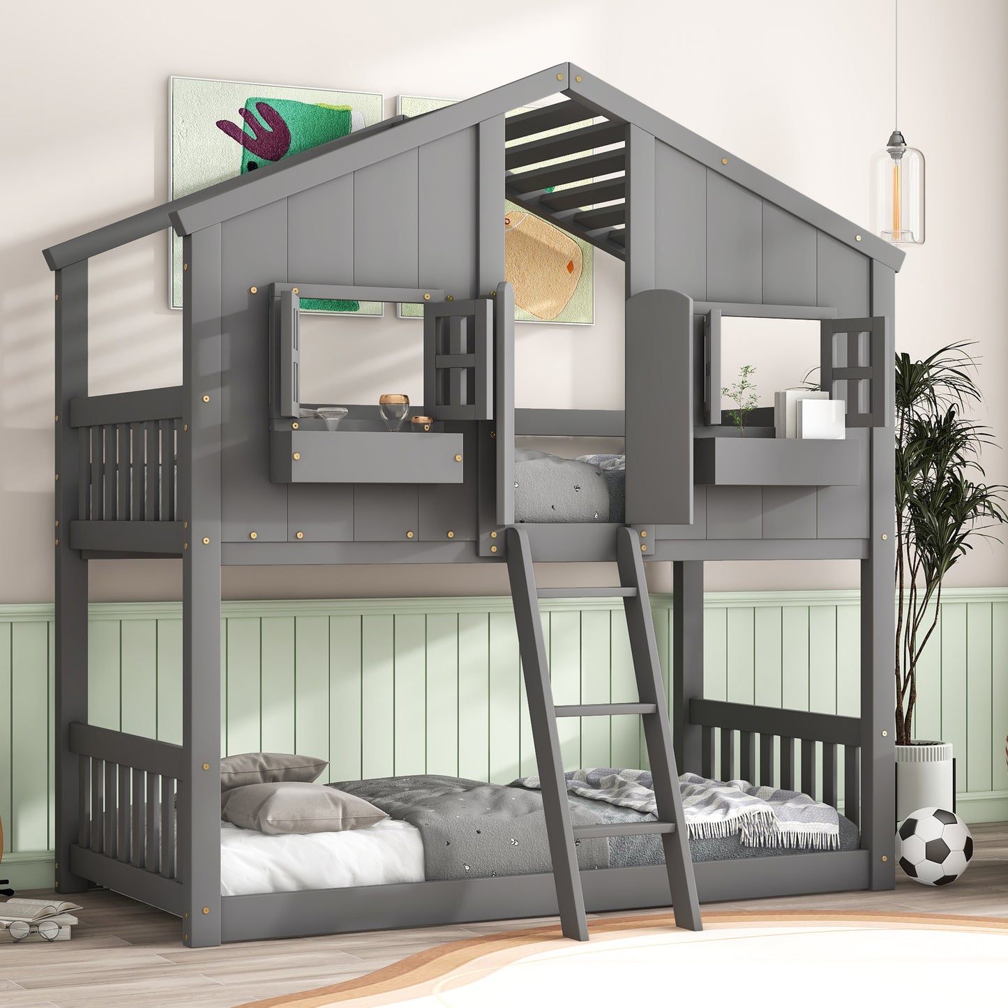 Twin over Twin House Bunk Bed with Roof, Window, Window Box, Door, with Safety Guardrails and Ladder, Grey image 1