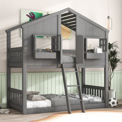 Twin over Twin House Bunk Bed with Roof, Window, Window Box, Door, with Safety Guardrails and Ladder, Grey image 1