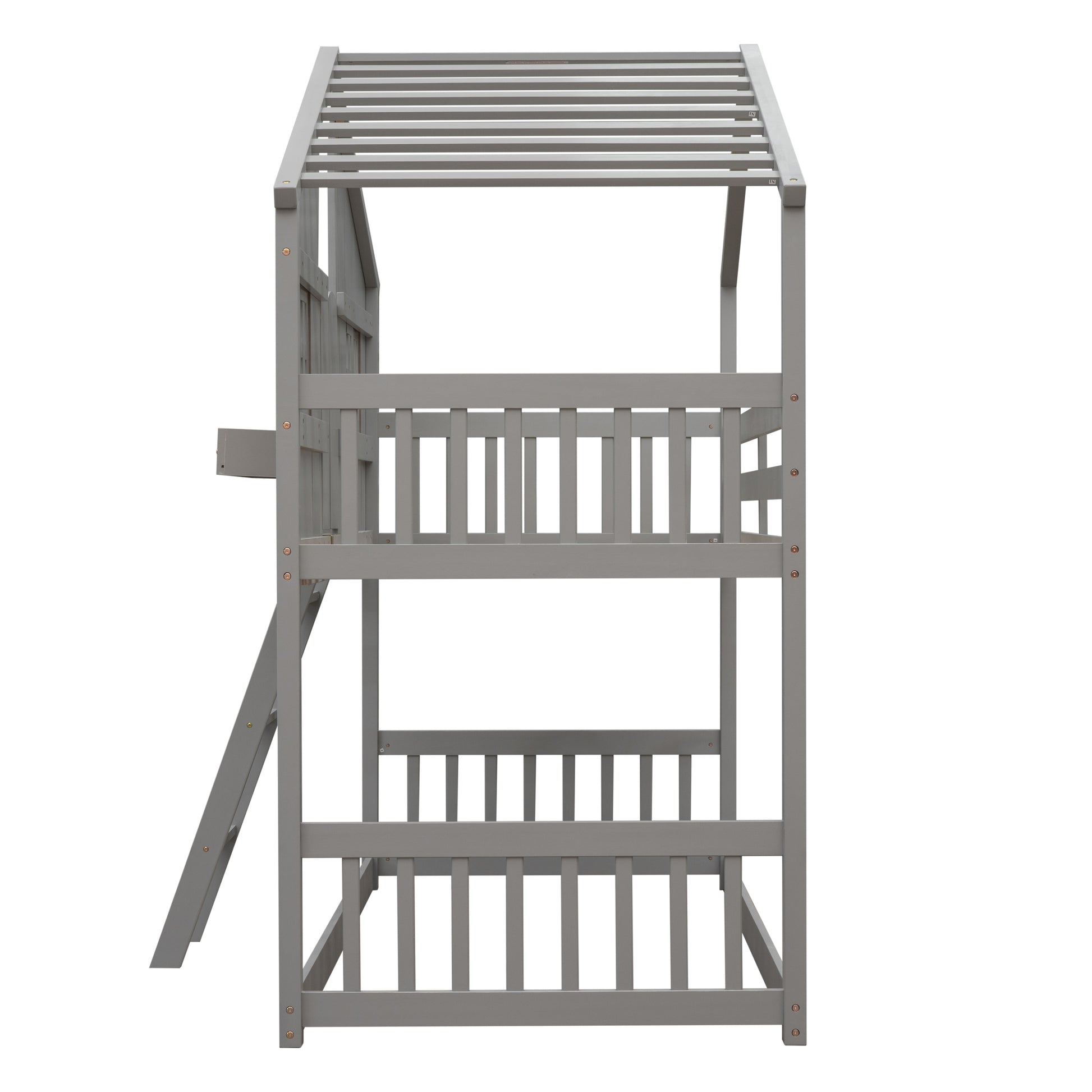 Twin over Twin House Bunk Bed with Roof, Window, Window Box, Door, with Safety Guardrails and Ladder, Grey image 4