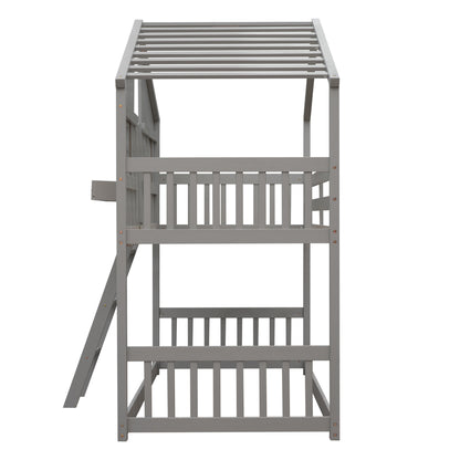 Twin over Twin House Bunk Bed with Roof, Window, Window Box, Door, with Safety Guardrails and Ladder, Grey image 4