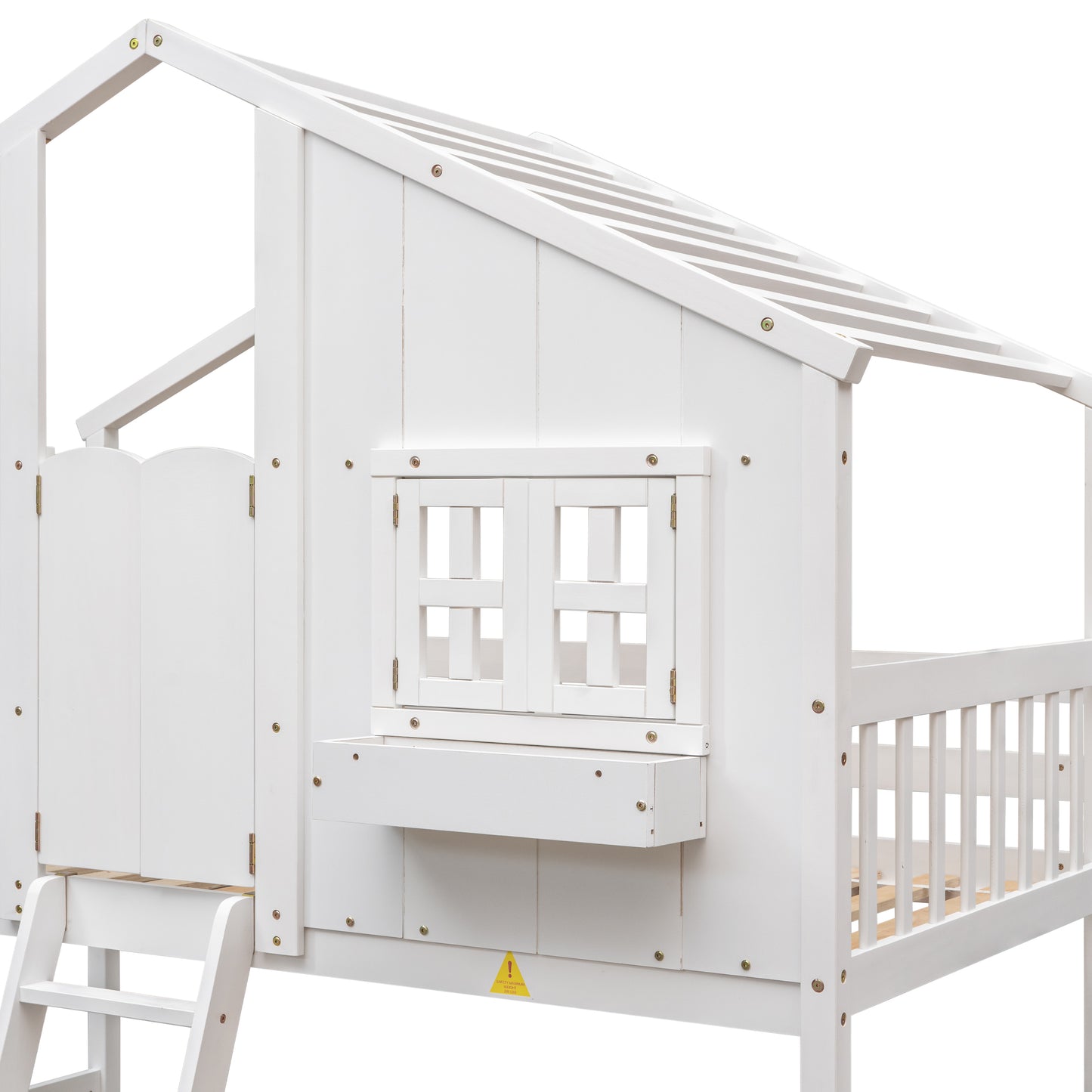 Twin over Twin House Bunk Bed with Roof, Window, Window Box, Door, with Safety Guardrails and Ladder,White image 8