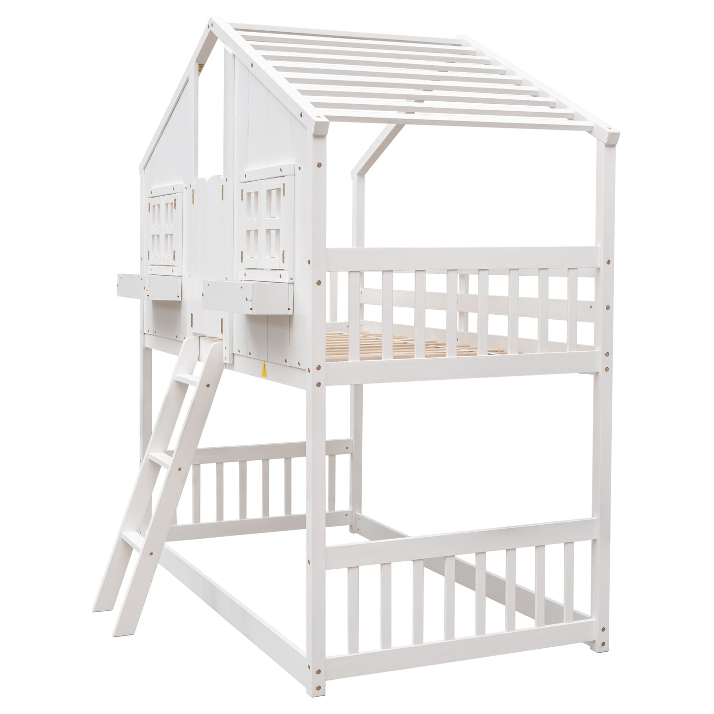 Twin over Twin House Bunk Bed with Roof, Window, Window Box, Door, with Safety Guardrails and Ladder,White image 10