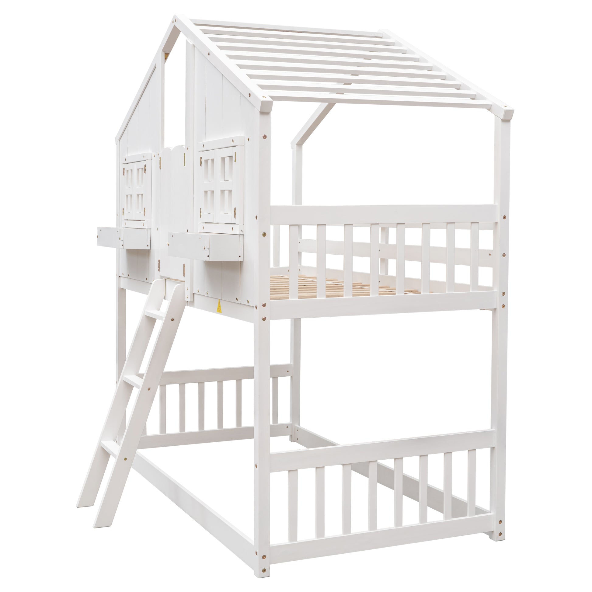 Twin over Twin House Bunk Bed with Roof, Window, Window Box, Door, with Safety Guardrails and Ladder,White image 10