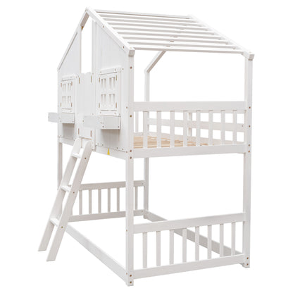 Twin over Twin House Bunk Bed with Roof, Window, Window Box, Door, with Safety Guardrails and Ladder,White image 10