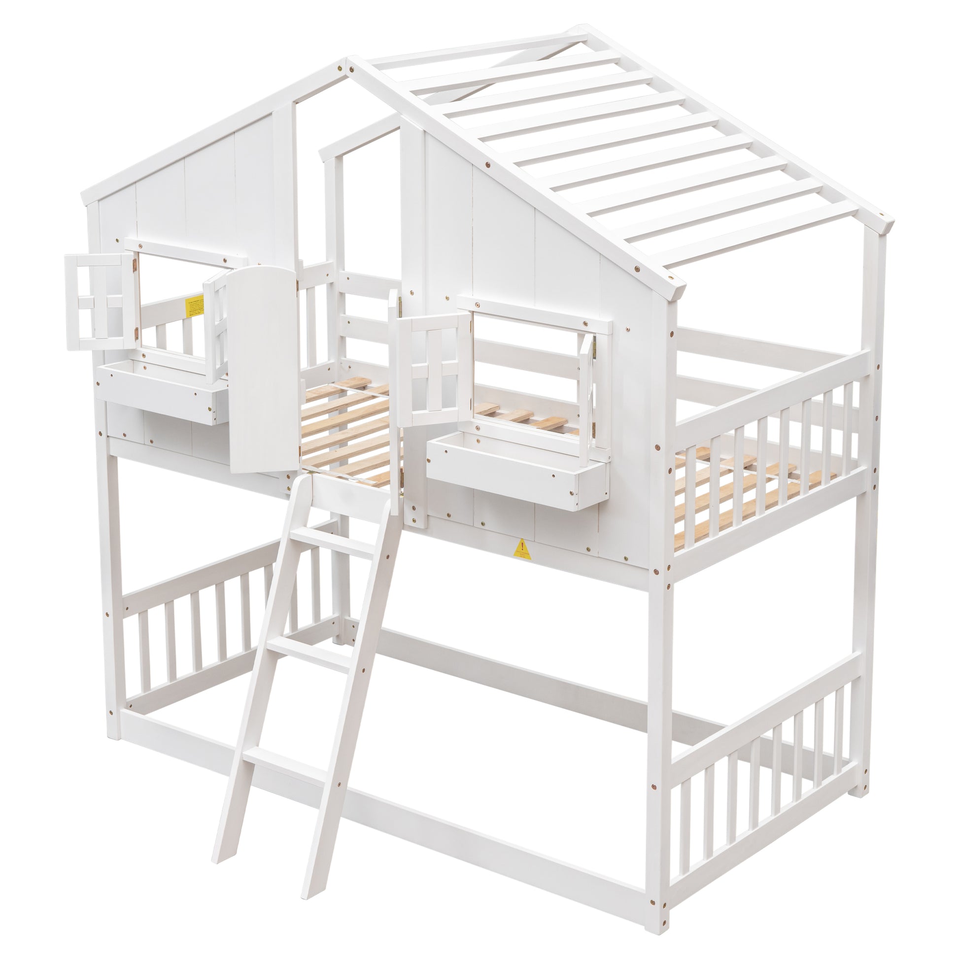Twin over Twin House Bunk Bed with Roof, Window, Window Box, Door, with Safety Guardrails and Ladder,White image 6