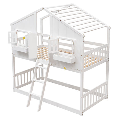 Twin over Twin House Bunk Bed with Roof, Window, Window Box, Door, with Safety Guardrails and Ladder,White image 6