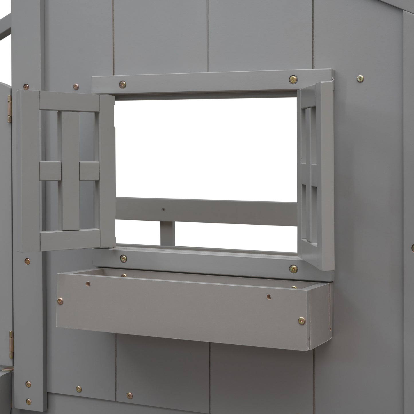 Twin over Twin House Bunk Bed with Roof, Window, Window Box, Door, with Safety Guardrails and Ladder, Grey image 11