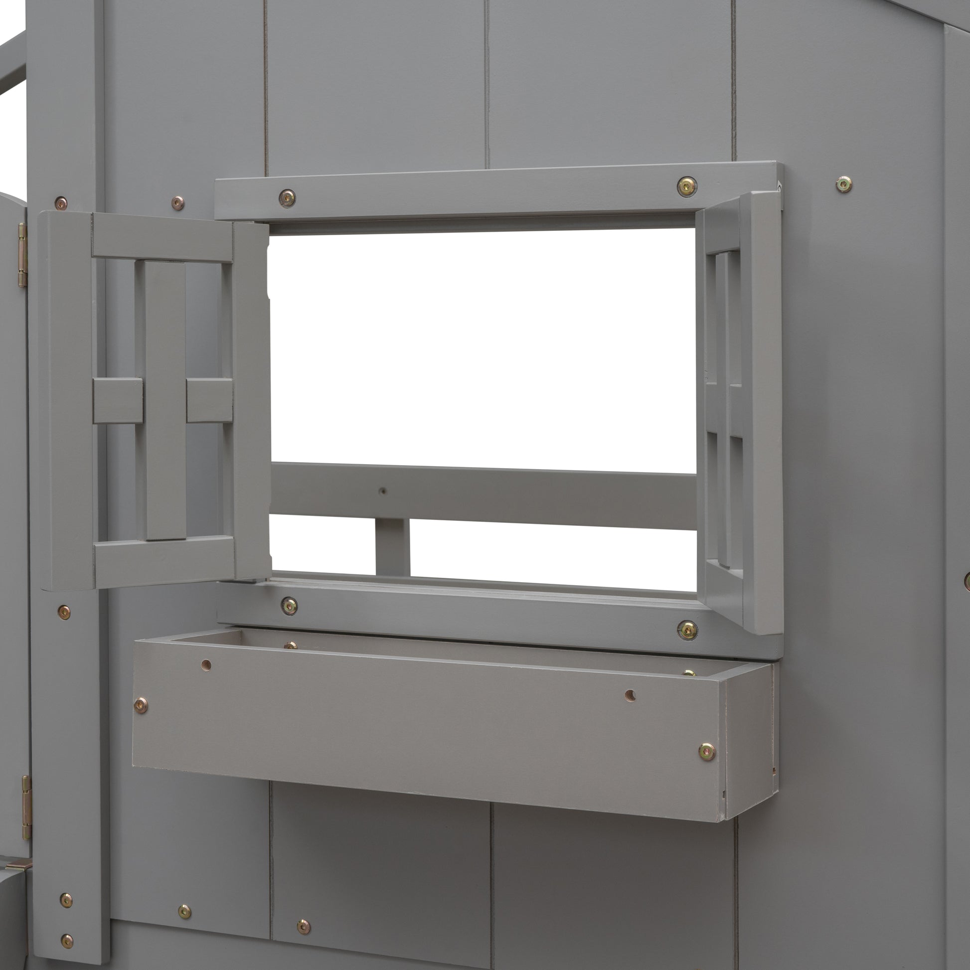 Twin over Twin House Bunk Bed with Roof, Window, Window Box, Door, with Safety Guardrails and Ladder, Grey image 11