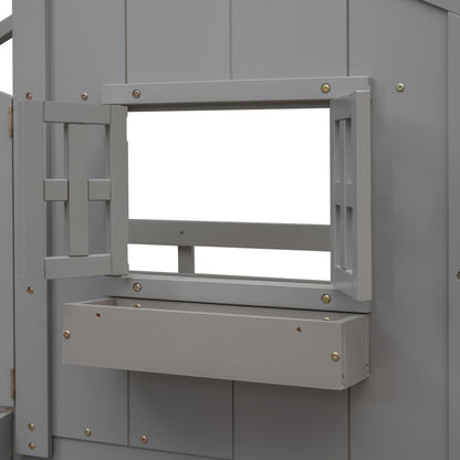 Twin over Twin House Bunk Bed with Roof, Window, Window Box, Door, with Safety Guardrails and Ladder, Grey image 11