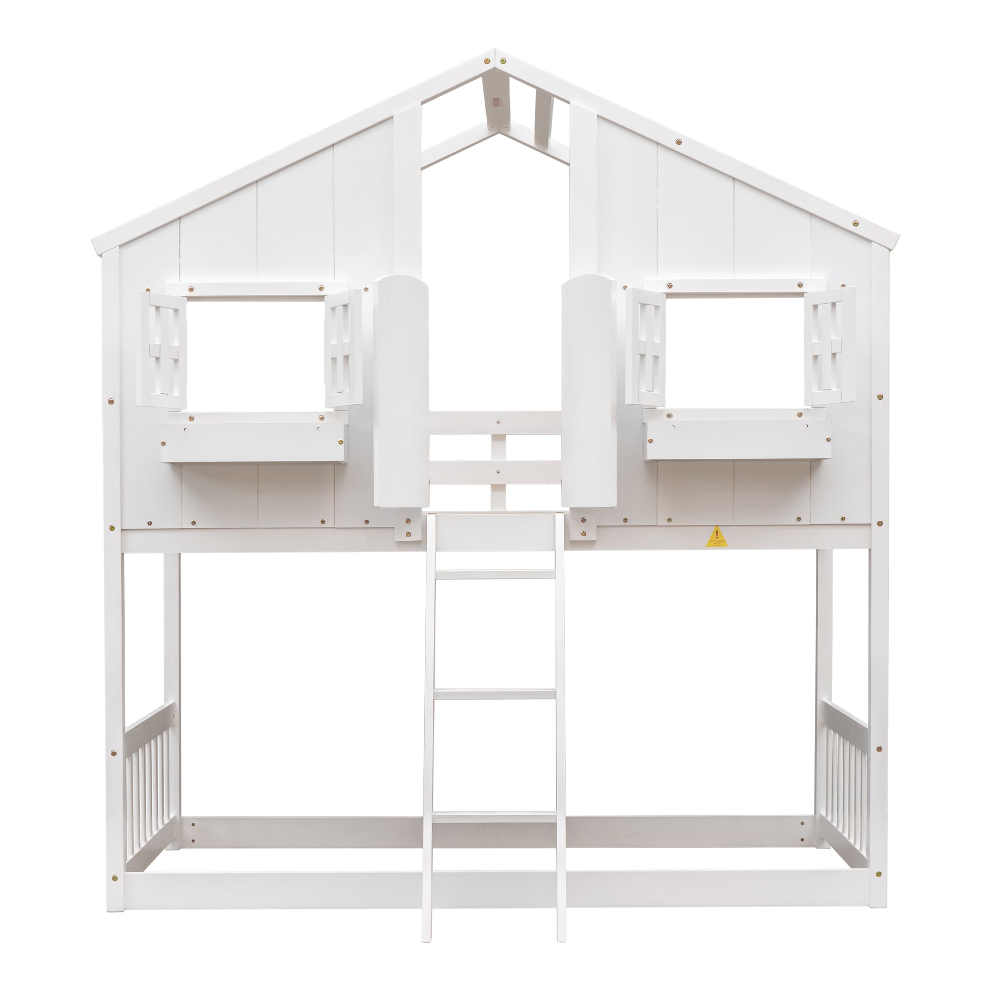 Twin over Twin House Bunk Bed with Roof, Window, Window Box, Door, with Safety Guardrails and Ladder,White image 5