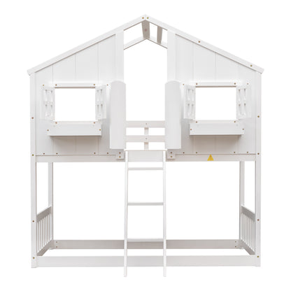 Twin over Twin House Bunk Bed with Roof, Window, Window Box, Door, with Safety Guardrails and Ladder,White image 5