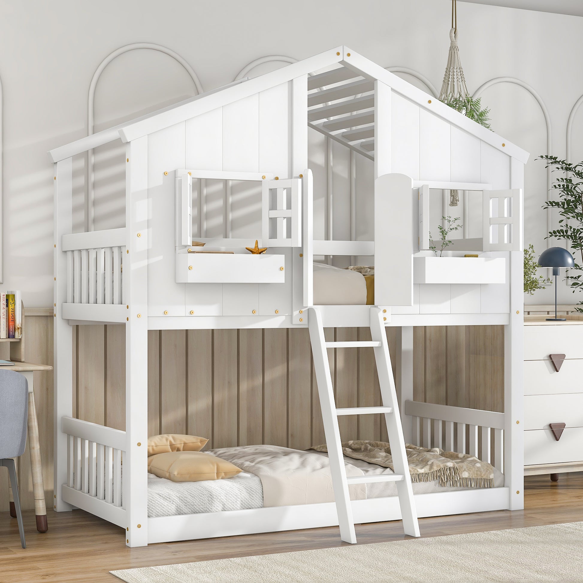 Twin over Twin House Bunk Bed with Roof, Window, Window Box, Door, with Safety Guardrails and Ladder,White image 1