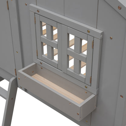 Twin over Twin House Bunk Bed with Roof, Window, Window Box, Door, with Safety Guardrails and Ladder, Grey image 12