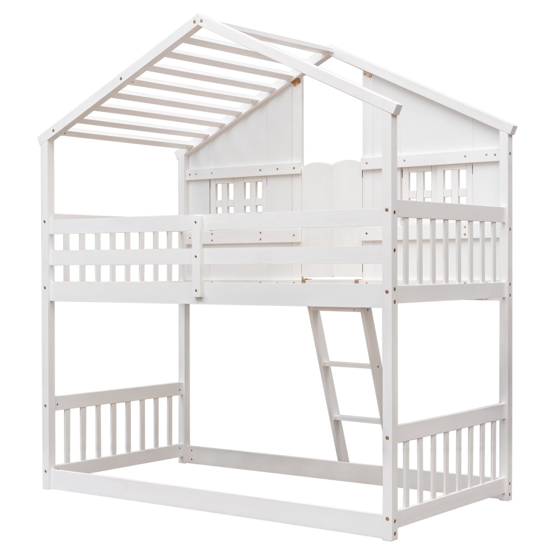 Twin over Twin House Bunk Bed with Roof, Window, Window Box, Door, with Safety Guardrails and Ladder,White image 7