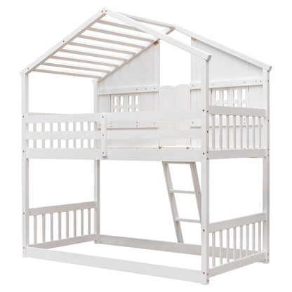 Twin over Twin House Bunk Bed with Roof, Window, Window Box, Door, with Safety Guardrails and Ladder,White image 7