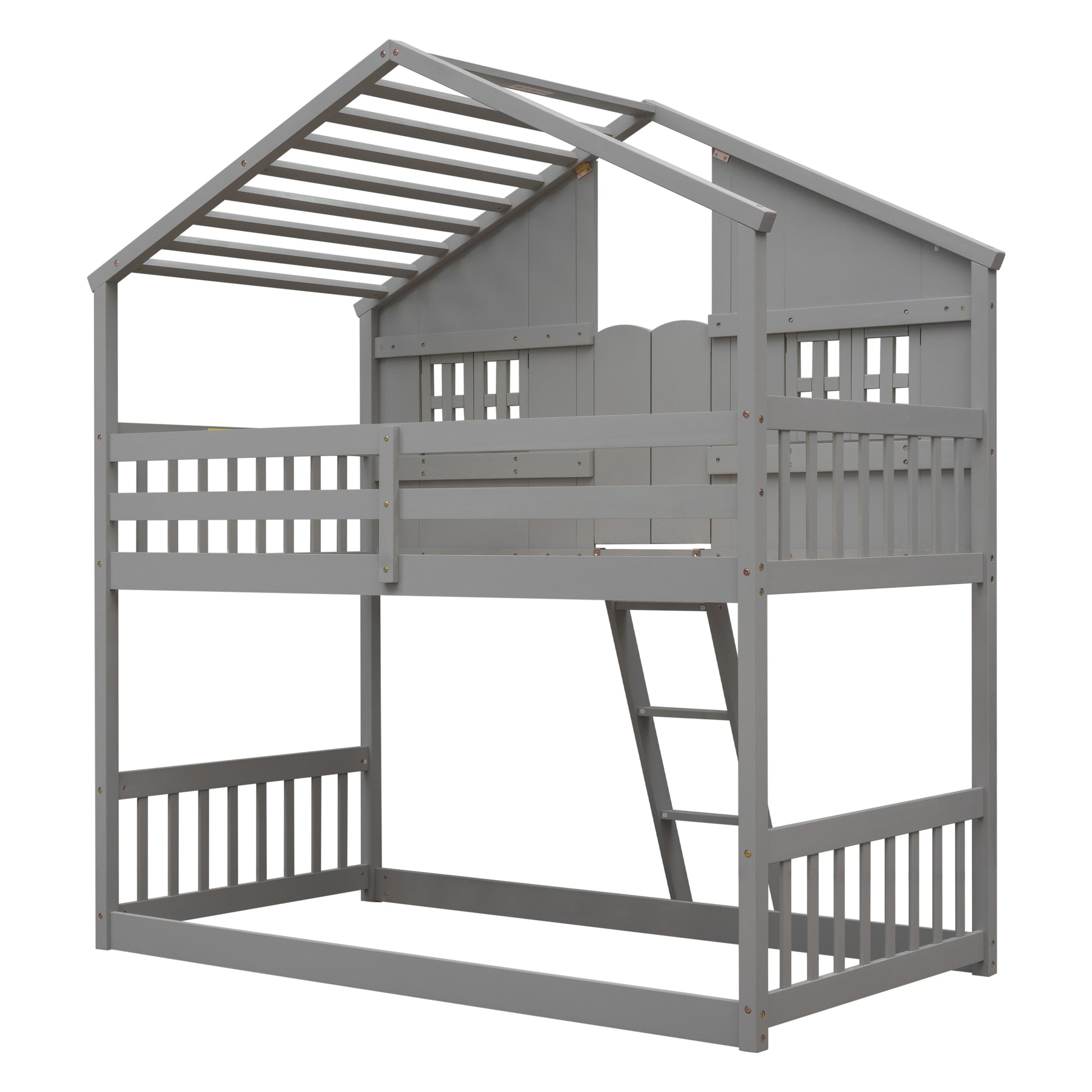 Twin over Twin House Bunk Bed with Roof, Window, Window Box, Door, with Safety Guardrails and Ladder, Grey image 6