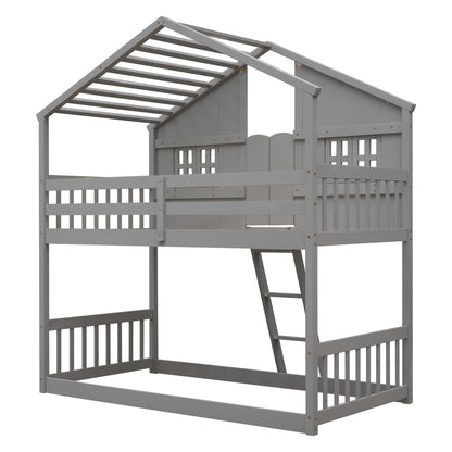 Twin over Twin House Bunk Bed with Roof, Window, Window Box, Door, with Safety Guardrails and Ladder, Grey image 6