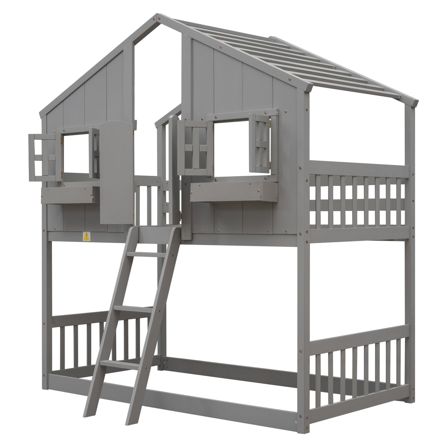 Twin over Twin House Bunk Bed with Roof, Window, Window Box, Door, with Safety Guardrails and Ladder, Grey image 5