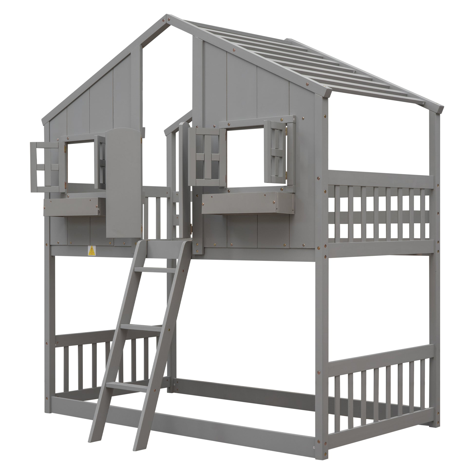Twin over Twin House Bunk Bed with Roof, Window, Window Box, Door, with Safety Guardrails and Ladder, Grey image 5