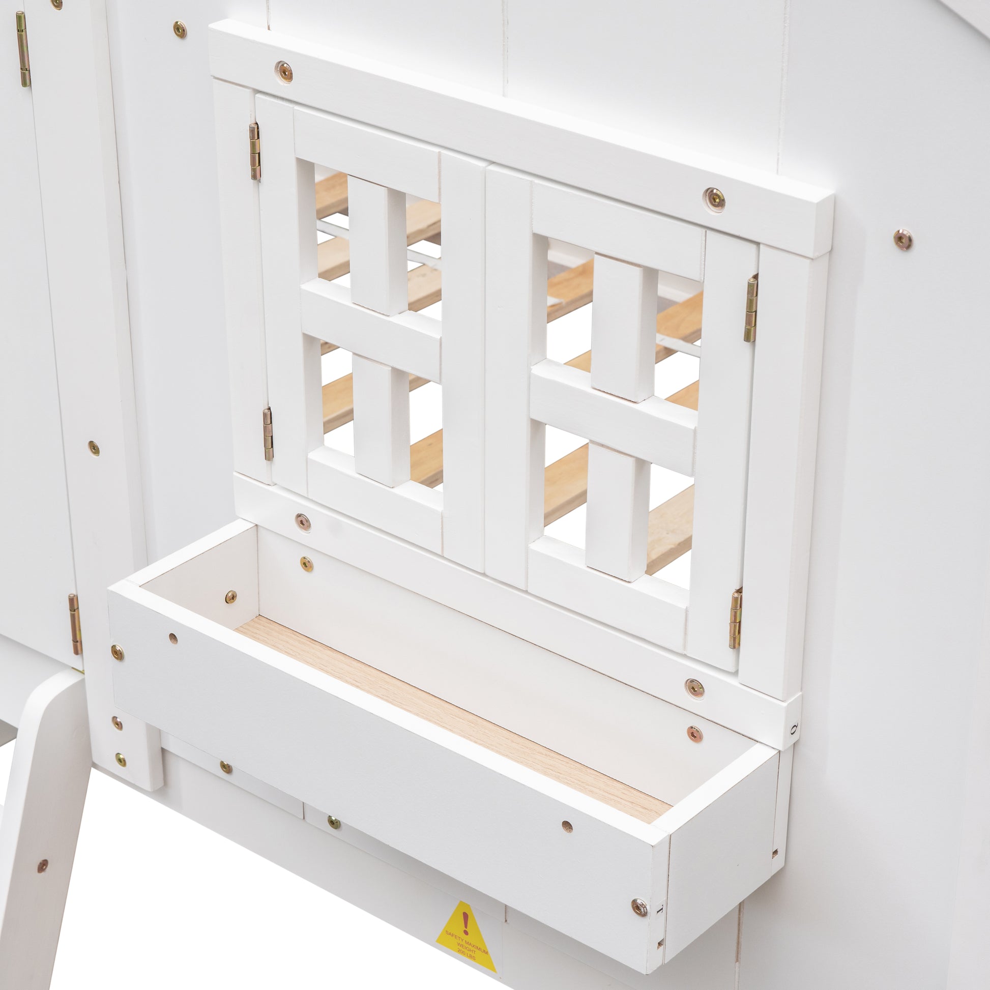 Twin over Twin House Bunk Bed with Roof, Window, Window Box, Door, with Safety Guardrails and Ladder,White image 11