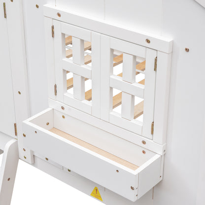 Twin over Twin House Bunk Bed with Roof, Window, Window Box, Door, with Safety Guardrails and Ladder,White image 11