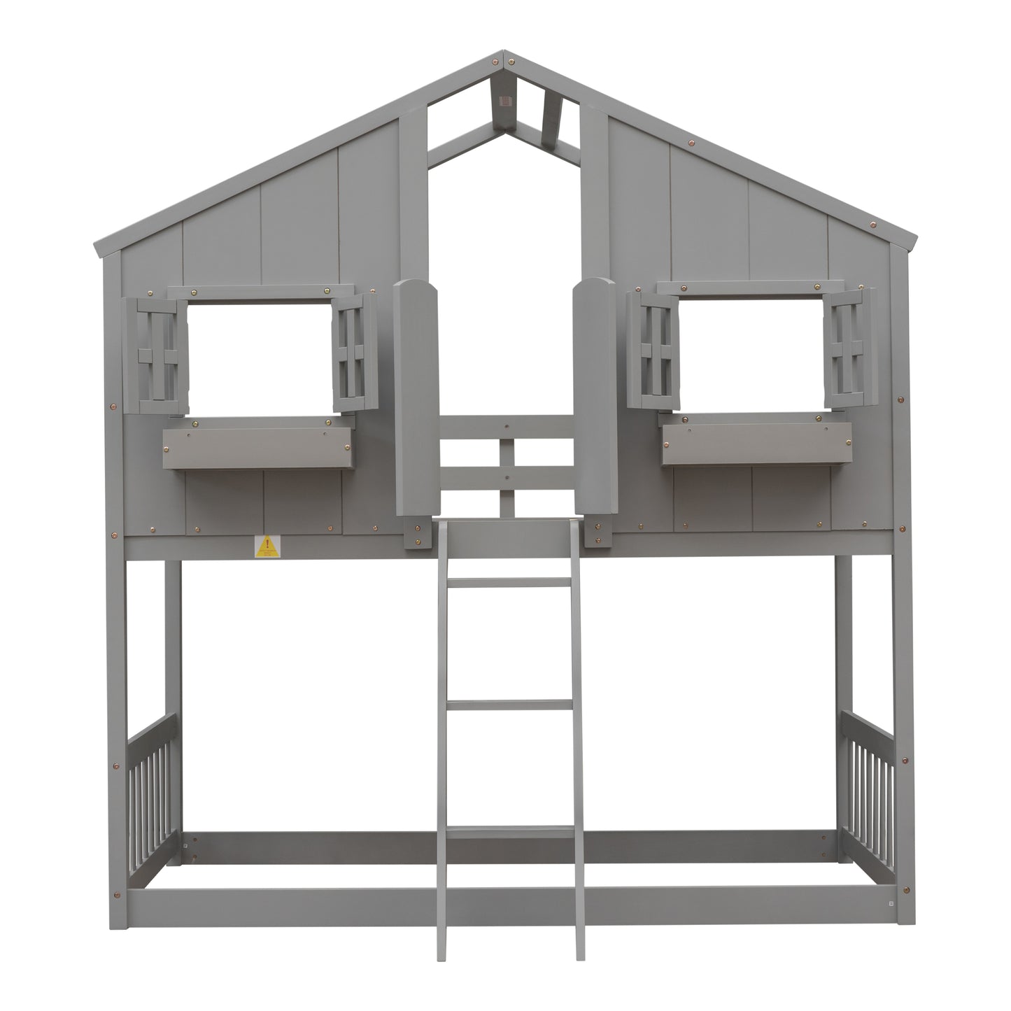 Twin over Twin House Bunk Bed with Roof, Window, Window Box, Door, with Safety Guardrails and Ladder, Grey image 3
