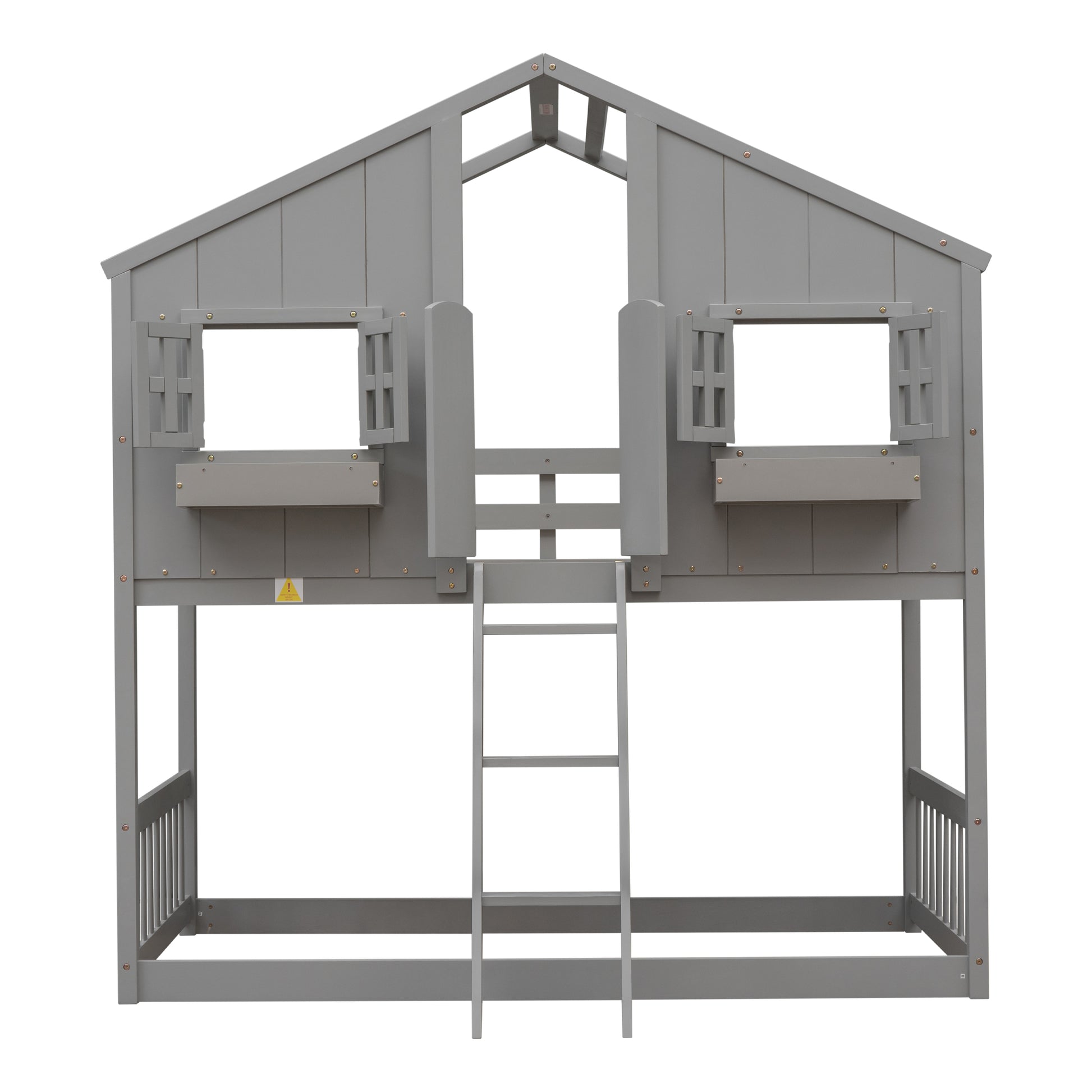 Twin over Twin House Bunk Bed with Roof, Window, Window Box, Door, with Safety Guardrails and Ladder, Grey image 3