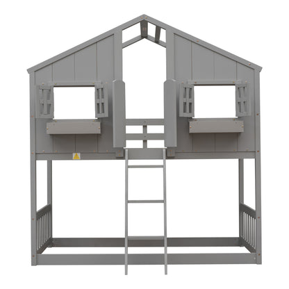 Twin over Twin House Bunk Bed with Roof, Window, Window Box, Door, with Safety Guardrails and Ladder, Grey image 3