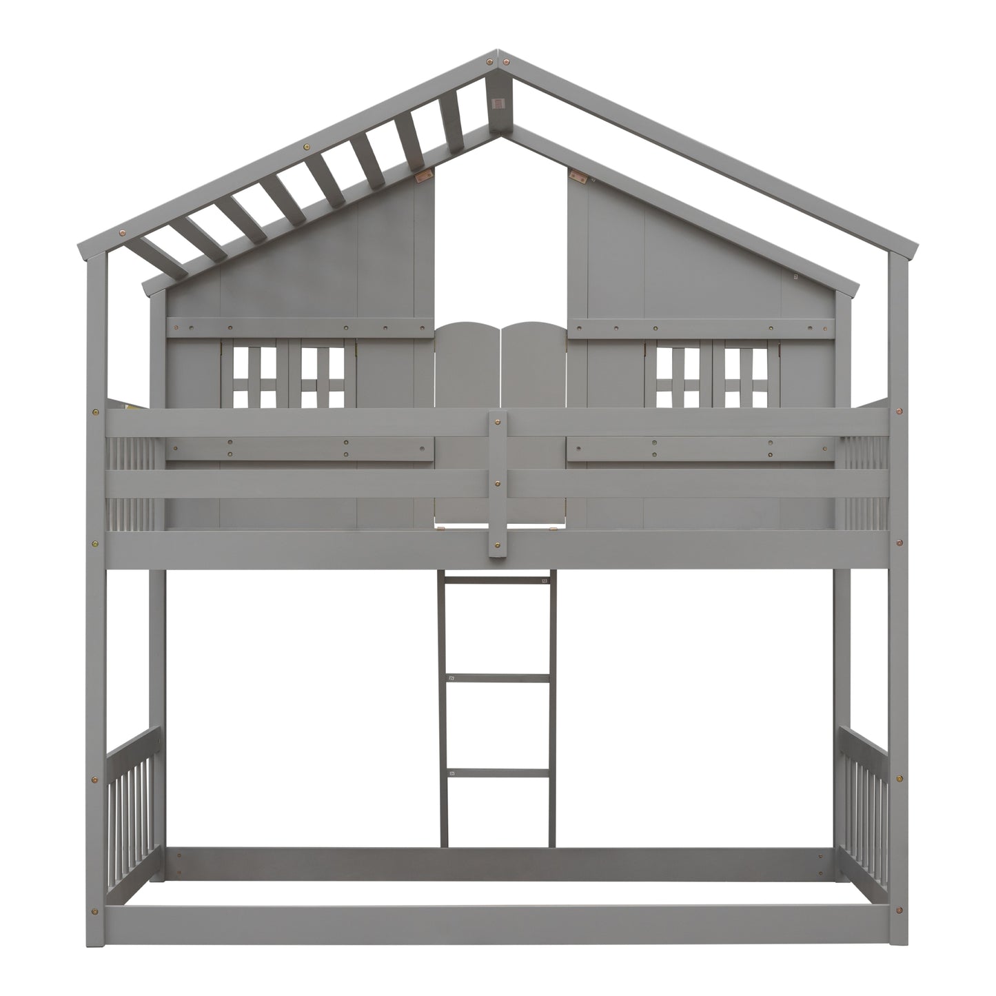 Twin over Twin House Bunk Bed with Roof, Window, Window Box, Door, with Safety Guardrails and Ladder, Grey image 7