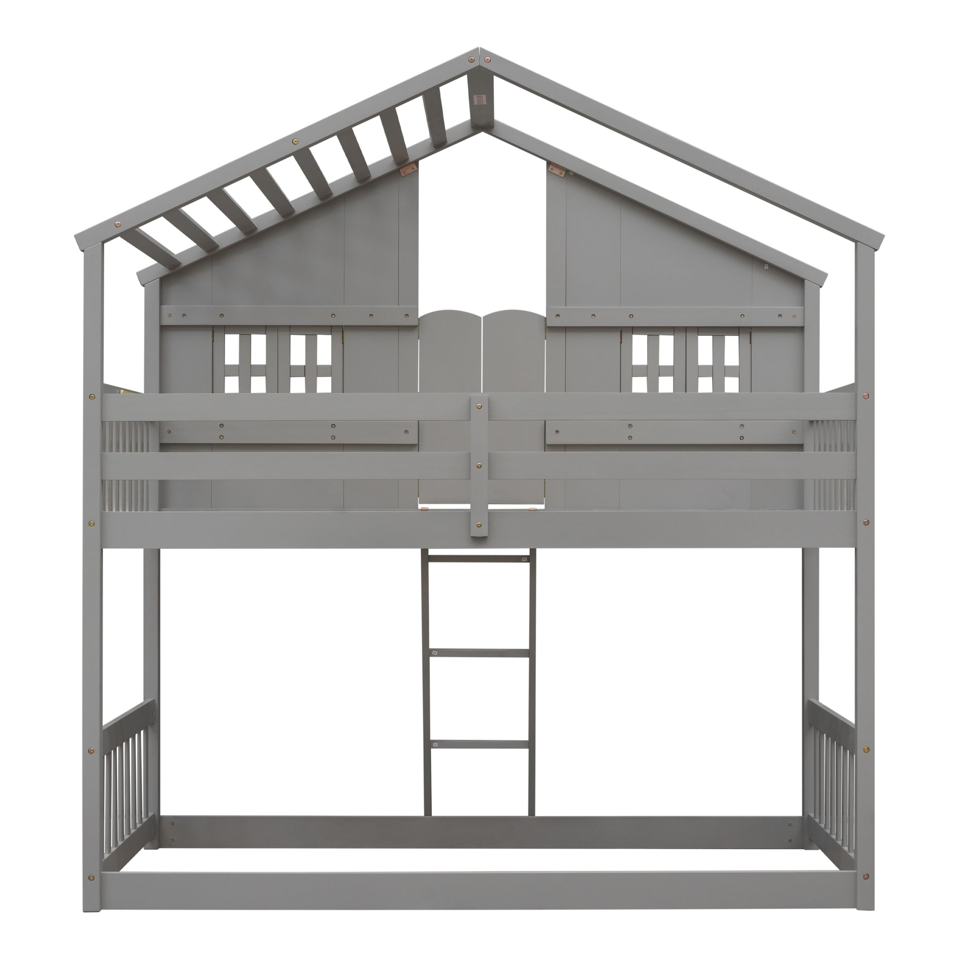 Twin over Twin House Bunk Bed with Roof, Window, Window Box, Door, with Safety Guardrails and Ladder, Grey image 7