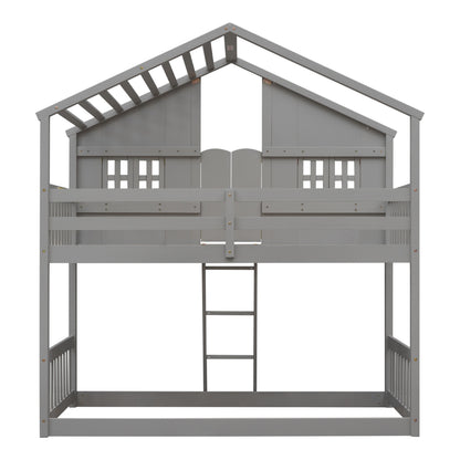 Twin over Twin House Bunk Bed with Roof, Window, Window Box, Door, with Safety Guardrails and Ladder, Grey image 7