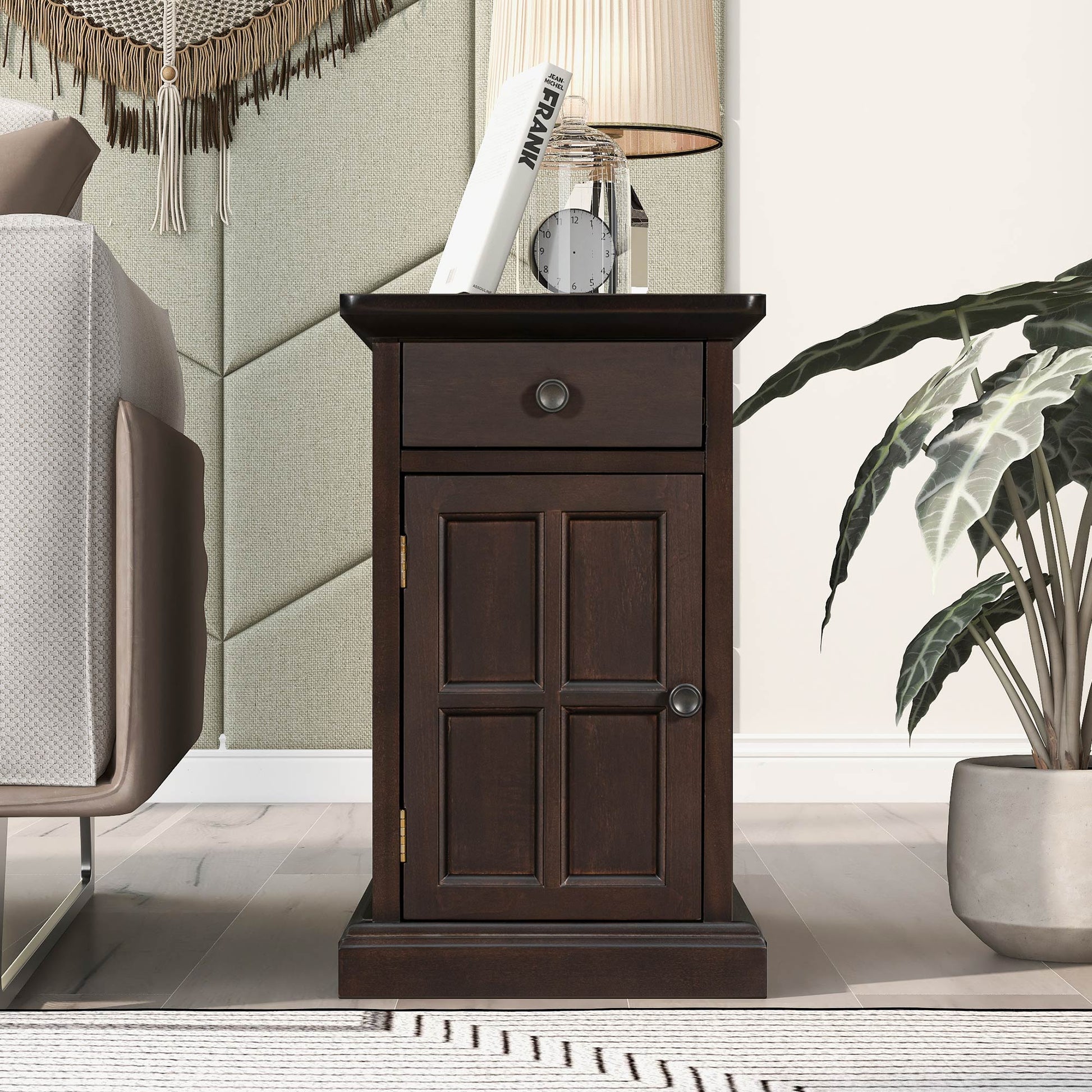 U-Can Classic Vintage Livingroom End Table Side Table with USB Ports and One Multifunctional Drawer with cup holders, Antique Espresso (Old SKU: WF296294AAP) image 2