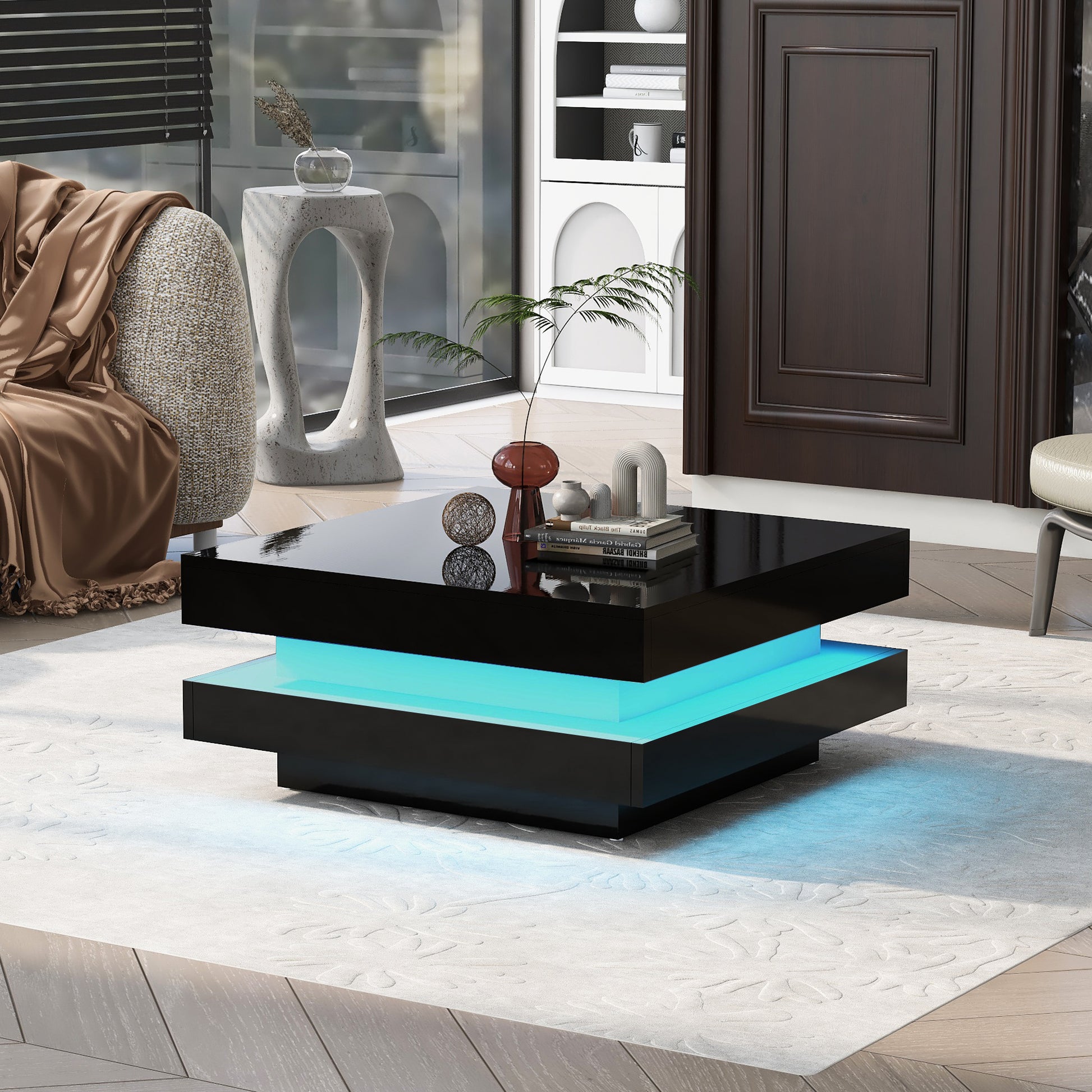 ON-TREND High Gloss Minimalist Design with LED Lights, 2-Tier Square Coffee Table, Center Table for Living Room, 31.5''x31.5''x14.2'',Black image 2