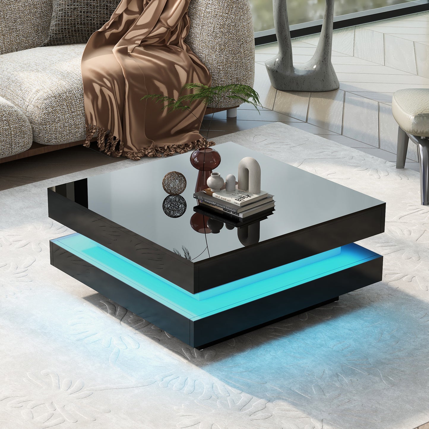 ON-TREND High Gloss Minimalist Design with LED Lights, 2-Tier Square Coffee Table, Center Table for Living Room, 31.5''x31.5''x14.2'',Black image 1