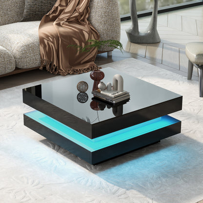 ON-TREND High Gloss Minimalist Design with LED Lights, 2-Tier Square Coffee Table, Center Table for Living Room, 31.5''x31.5''x14.2'',Black image 1