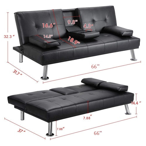 MEGA Futon Sofa Bed, Modern Faux Leather Convertible Folding Lounge Sofa for Living Room with 2 Cup Holders Removable Soft Armrests and Sturdy Metal Legs, Charming Black. image 9