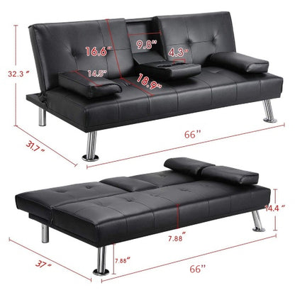 MEGA Futon Sofa Bed, Modern Faux Leather Convertible Folding Lounge Sofa for Living Room with 2 Cup Holders Removable Soft Armrests and Sturdy Metal Legs, Charming Black. image 9