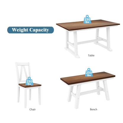 TOPMAX 6-Piece Wood Dining Table Set Kitchen Table Set with Long Bench and 4 Dining Chairs, Farmhouse Style, Espresso+White(old sku:SP000256) image 6