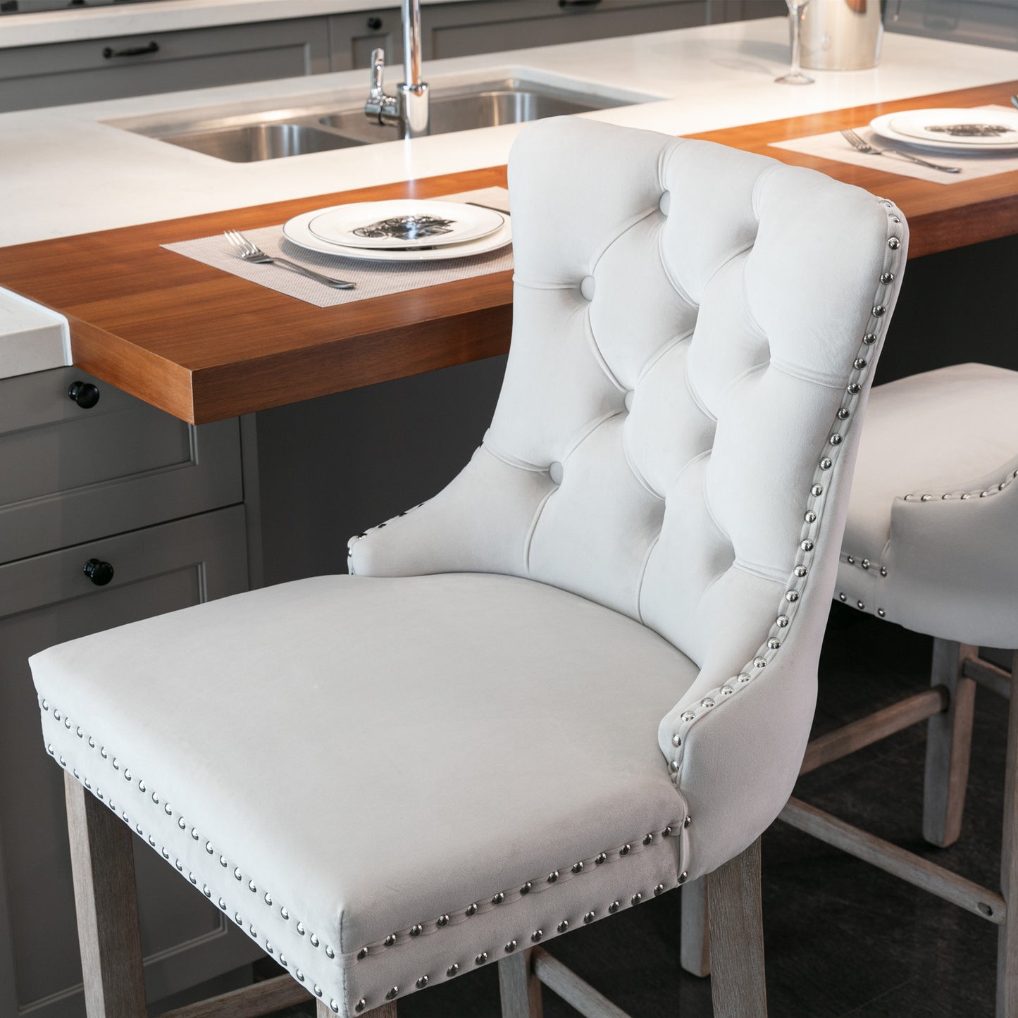 Contemporary Velvet Upholstered Barstools with Button Tufted Decoration and Wooden Legs, and Chrome Nailhead Trim, Leisure Style Bar Chairs,Bar stools, Set of 2 (Beige),SW2002BG image 11
