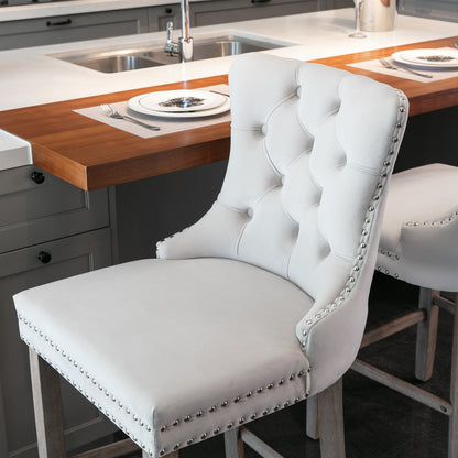 Contemporary Velvet Upholstered Barstools with Button Tufted Decoration and Wooden Legs, and Chrome Nailhead Trim, Leisure Style Bar Chairs,Bar stools, Set of 2 (Beige),SW2002BG image 11