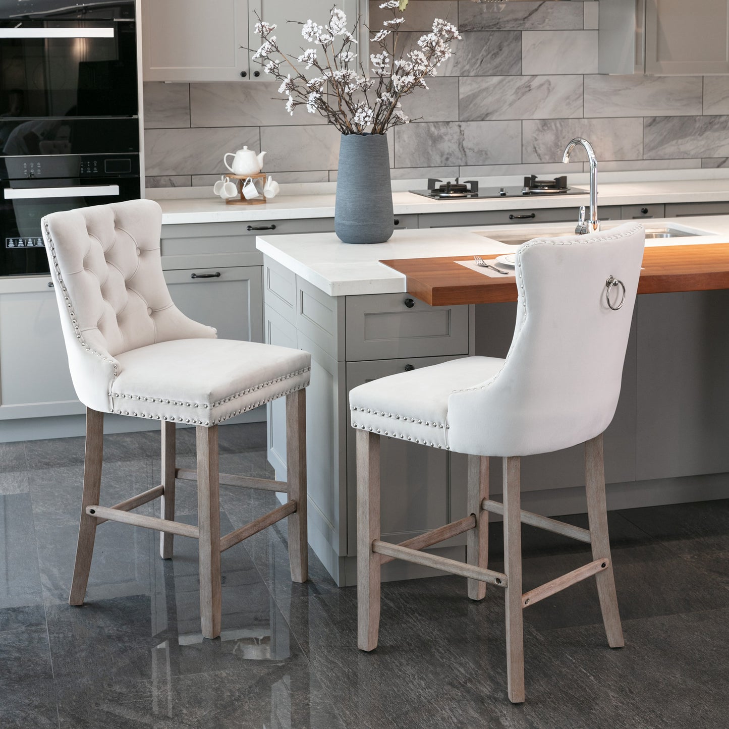 Contemporary Velvet Upholstered Barstools with Button Tufted Decoration and Wooden Legs, and Chrome Nailhead Trim, Leisure Style Bar Chairs,Bar stools, Set of 2 (Beige),SW2002BG image 1