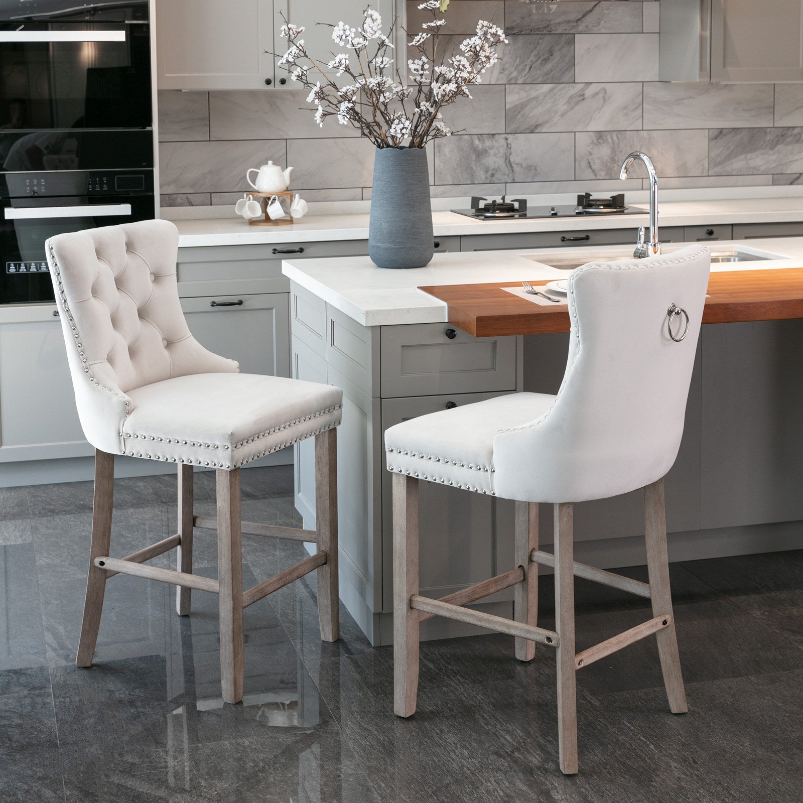 Contemporary Velvet Upholstered Barstools with Button Tufted Decoration and Wooden Legs, and Chrome Nailhead Trim, Leisure Style Bar Chairs,Bar stools, Set of 2 (Beige),SW2002BG image 1