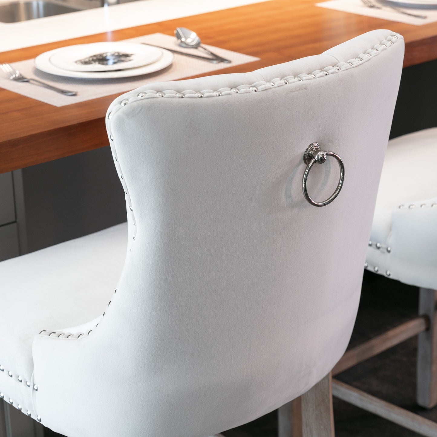 Contemporary Velvet Upholstered Barstools with Button Tufted Decoration and Wooden Legs, and Chrome Nailhead Trim, Leisure Style Bar Chairs,Bar stools, Set of 2 (Beige),SW2002BG image 12