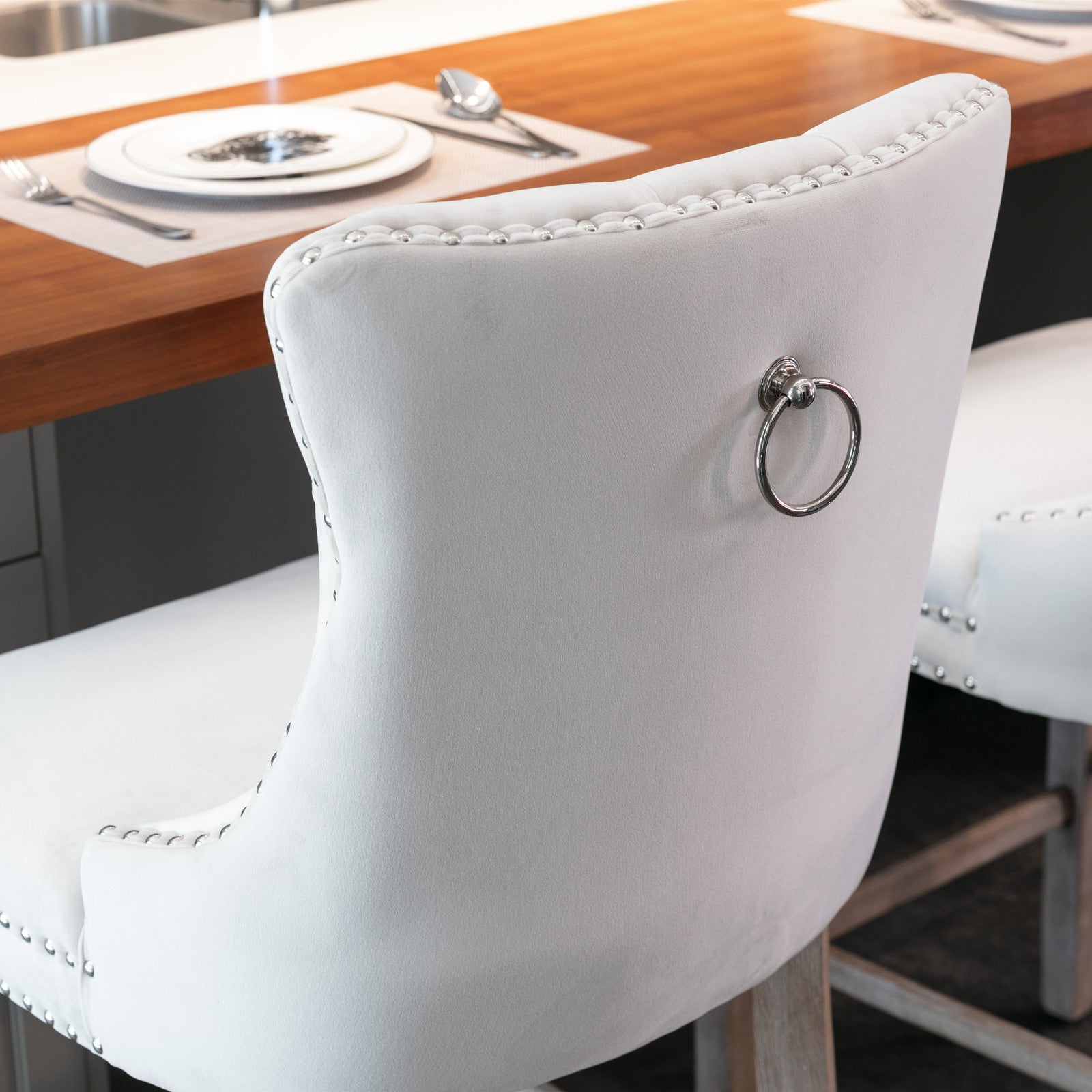 Contemporary Velvet Upholstered Barstools with Button Tufted Decoration and Wooden Legs, and Chrome Nailhead Trim, Leisure Style Bar Chairs,Bar stools, Set of 2 (Beige),SW2002BG image 12