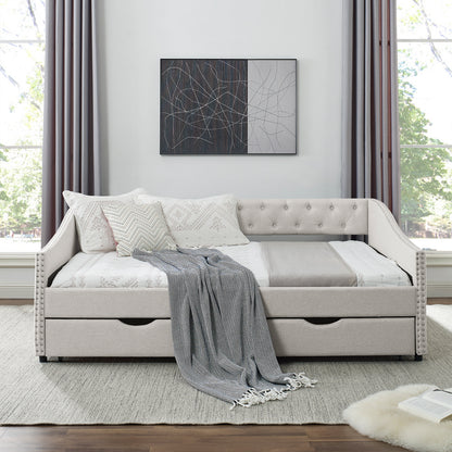 Full Size Daybed with Drawers Upholstered Tufted Sofa Bed, with Button on Back and Copper Nail on Waved Shape Arms, Beige (80.5''x55.5''x27.5'') (OLD SKU: W1413S00004) image 2