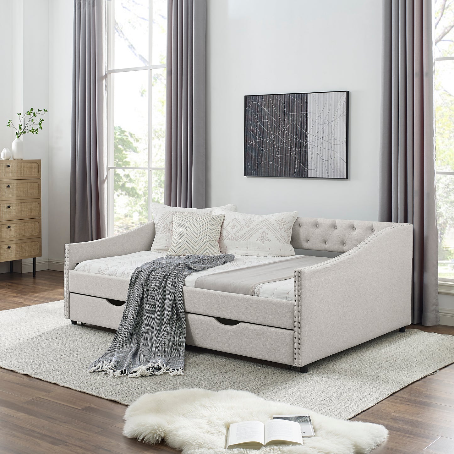 Full Size Daybed with Drawers Upholstered Tufted Sofa Bed, with Button on Back and Copper Nail on Waved Shape Arms, Beige (80.5''x55.5''x27.5'') (OLD SKU: W1413S00004) image 1
