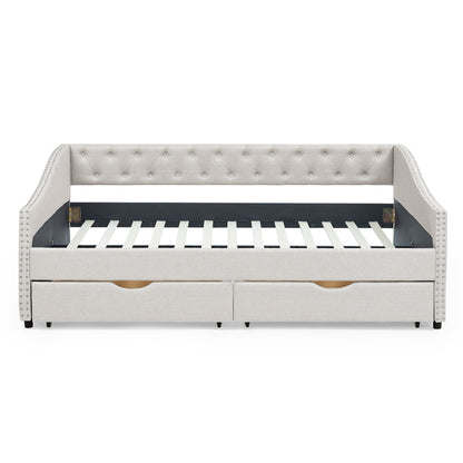 Full Size Daybed with Drawers Upholstered Tufted Sofa Bed, with Button on Back and Copper Nail on Waved Shape Arms, Beige (80.5''x55.5''x27.5'') (OLD SKU: W1413S00004) image 4